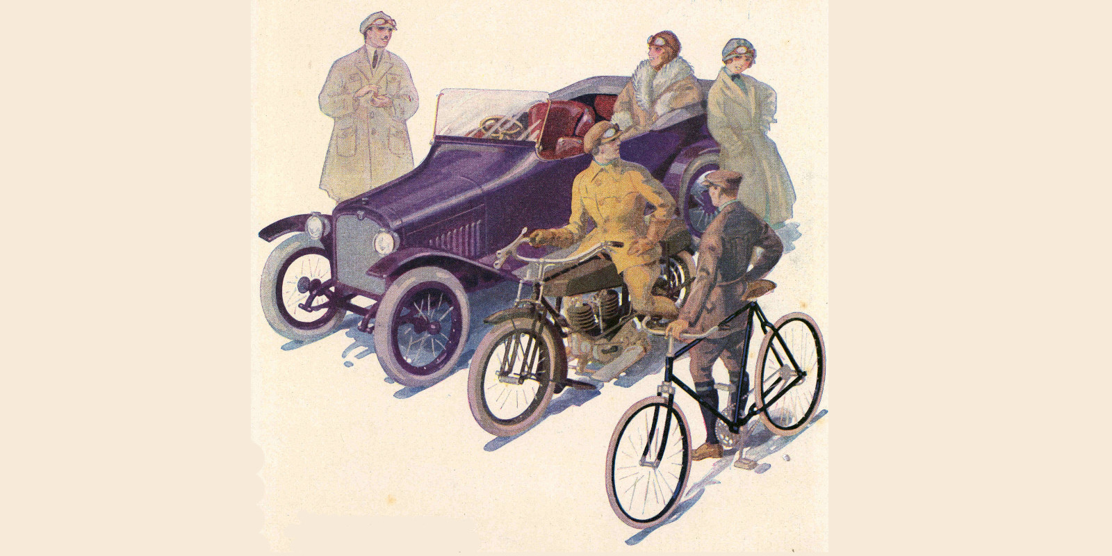 Gemalte, historische Werbung für Wanderer-Fahrzeuge mit Automobil, Motorrad und Fahrrad sowie Menschen