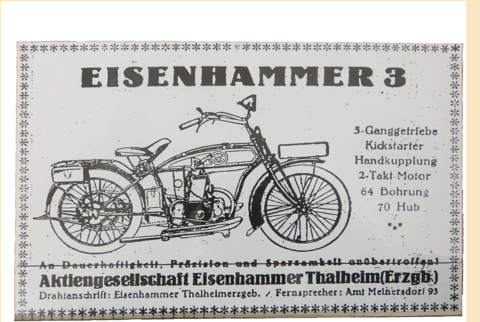 Historische Werbung für das Motorrad "Eisenhammer 3"