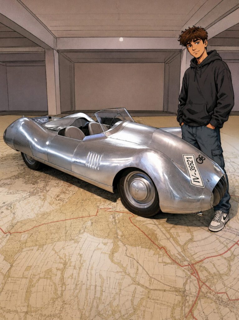 Praktikant Elias mit dem DKW-Sportwagen. Bild: ChatGPT