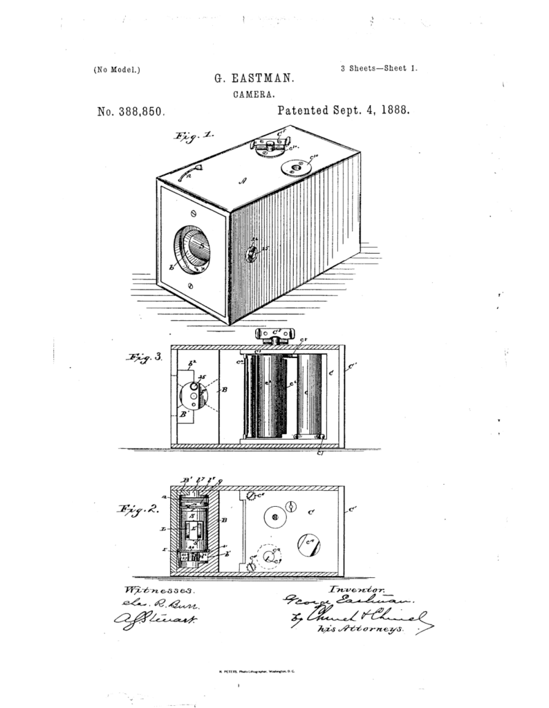 Patent für die "Kodak Nr. 1"-Kamera von George Eastman. Quelle: U.S. Patent and Trademark Office