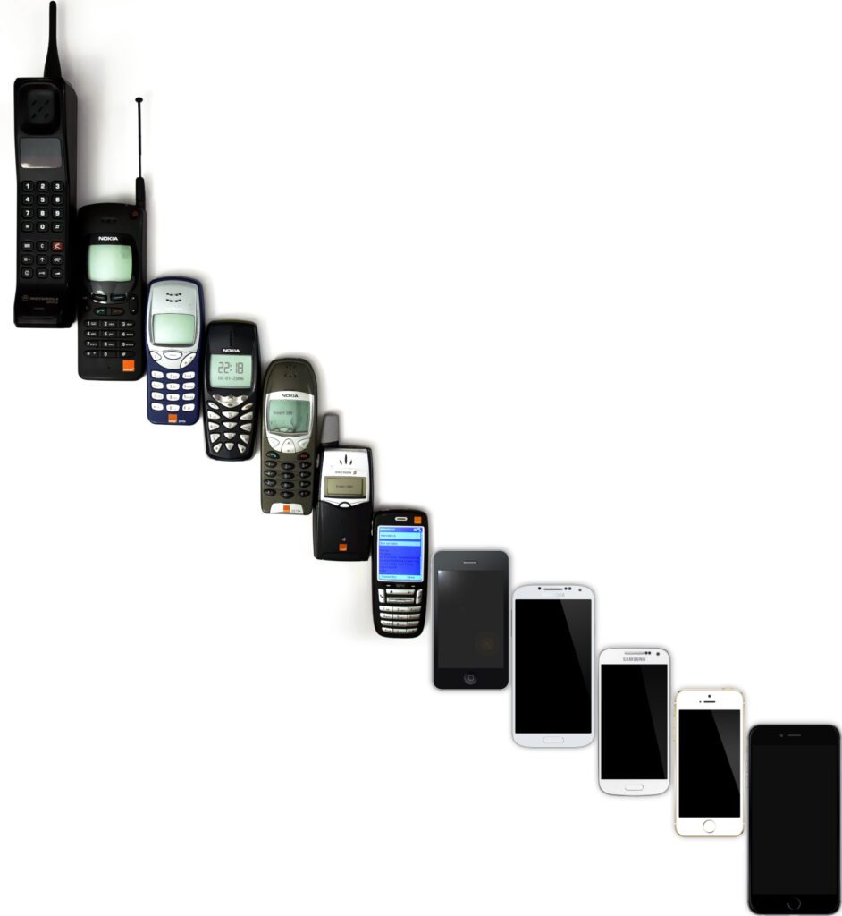 Die Entwicklung von Mobiltelefonen von 1992 bis 2014. Quelle: Jojhnjoy wikimedia